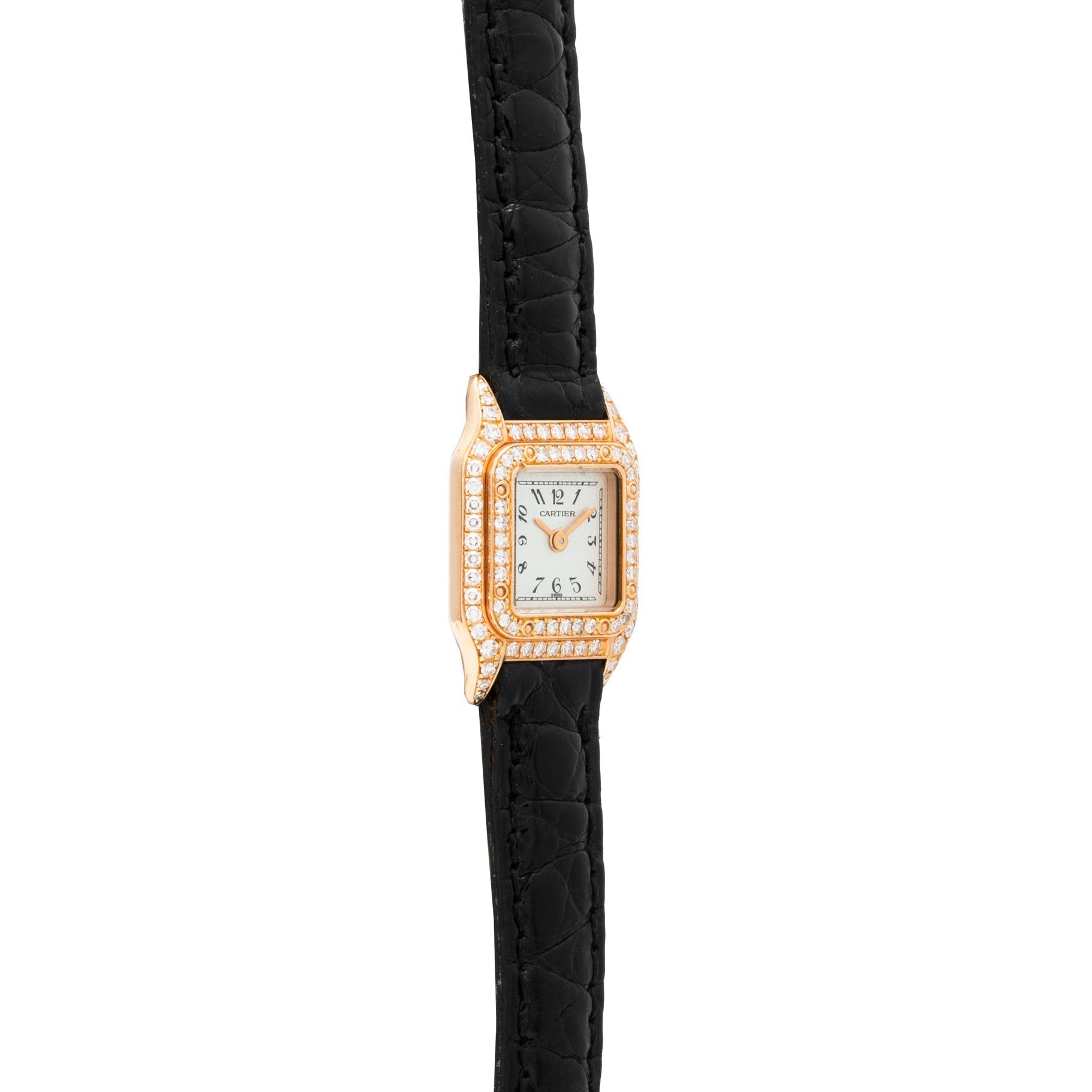 The Cartier Panthère is a gold watch with a diamond bezel and black leather strap, featuring a square white dial and Roman numerals.