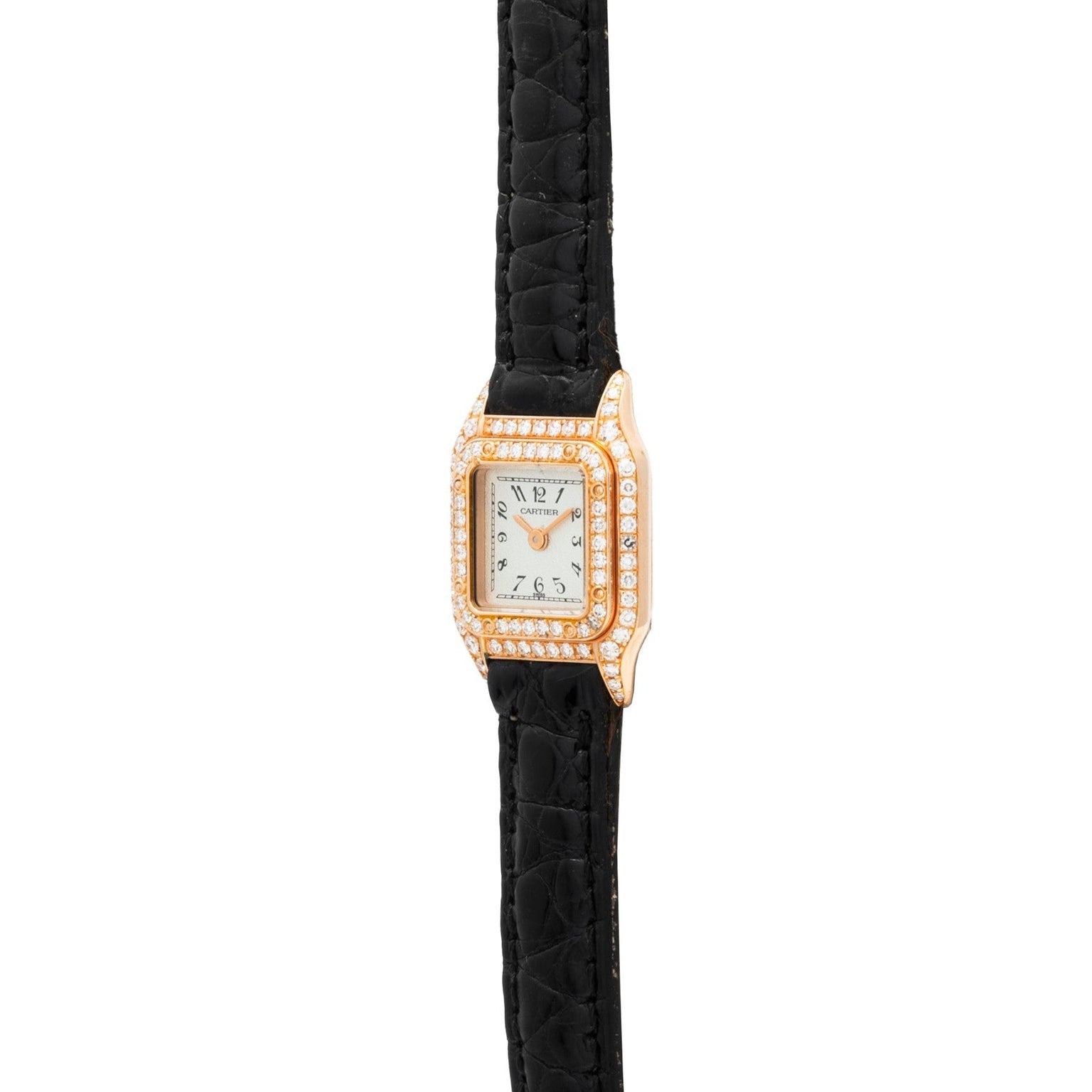 The Cartier Panthère gold watch features a diamond bezel and a black textured leather strap, displayed on a white background.