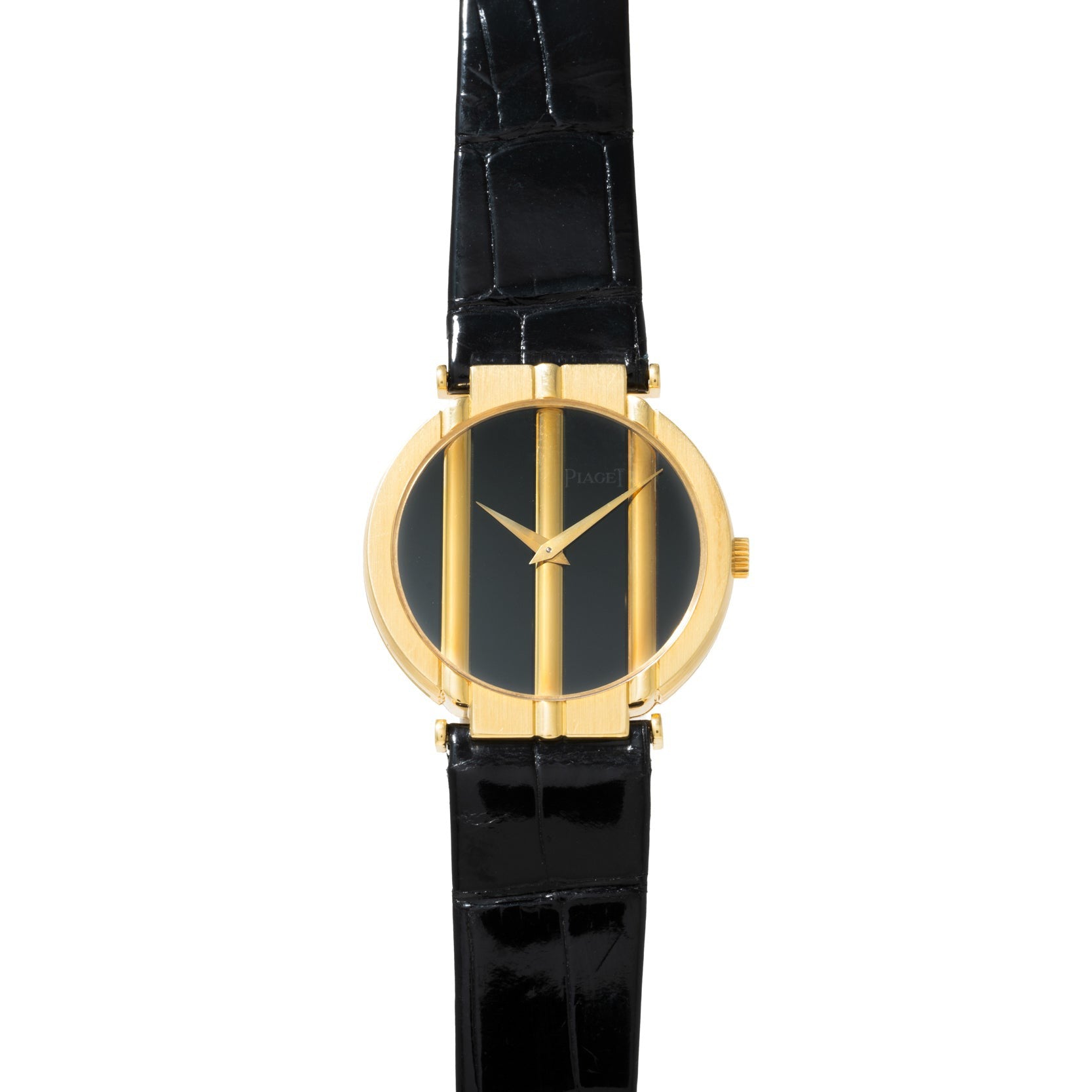The Piaget Polo Onyx is a gold watch with a black face and black leather strap, featuring three vertical gold bars over the dial.