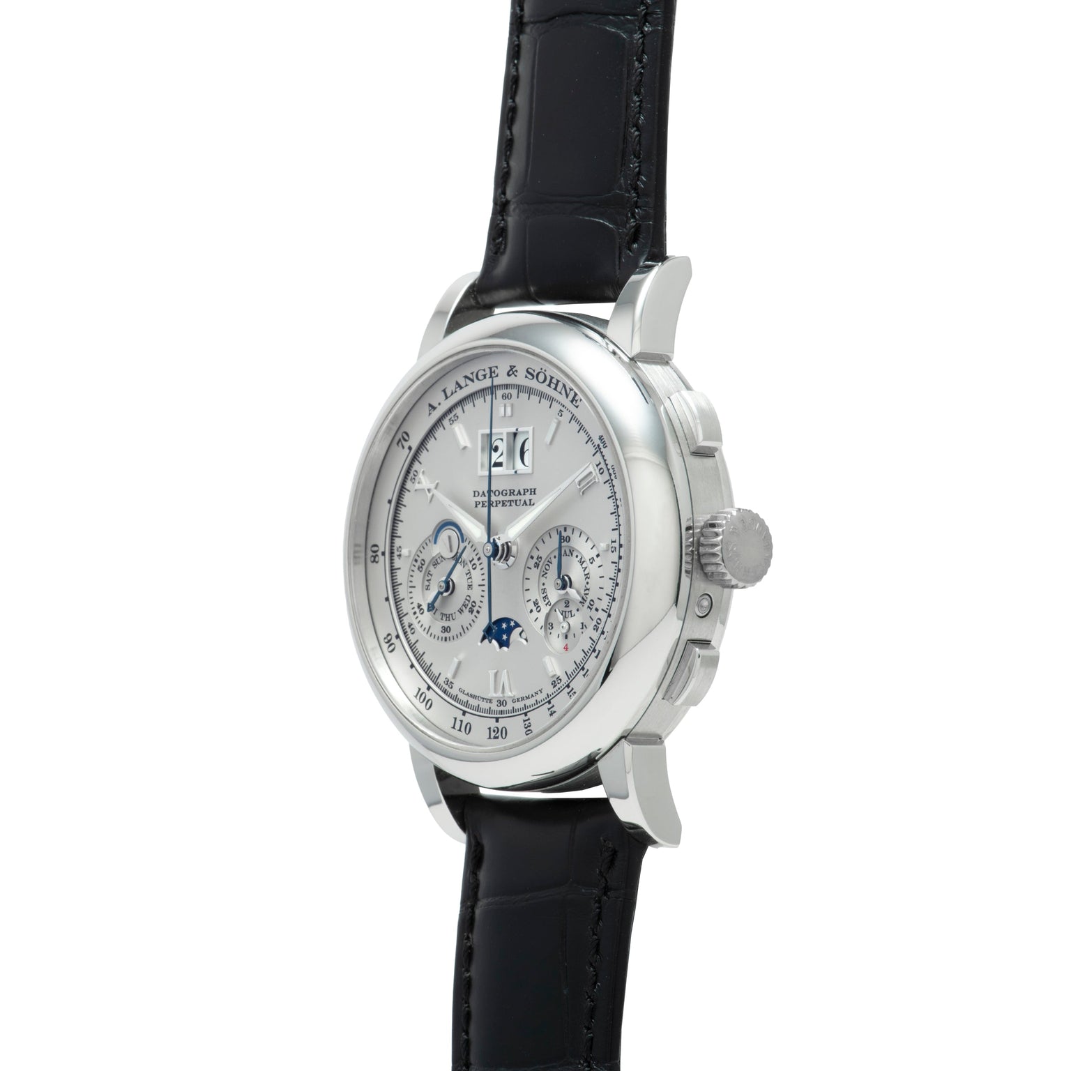 The Lange & Sohne Datograph Perpetual Calendar is a luxury silver wristwatch featuring a black leather strap and multiple subdials on a white face.