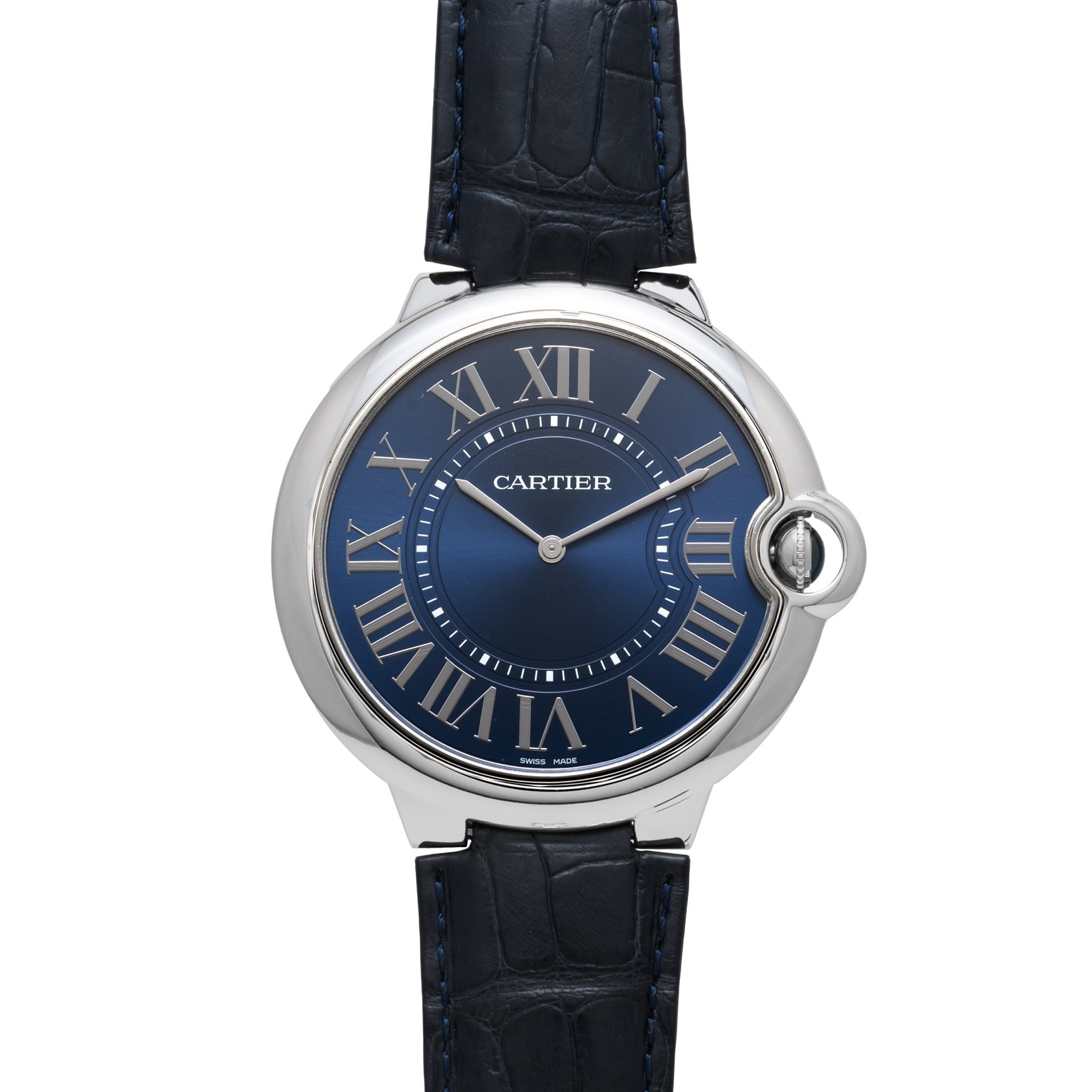 The Cartier Ballon Bleu is a silver watch featuring a blue dial, Roman numerals, and a black leather strap.