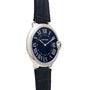 The Cartier Ballon Bleu features a blue face, Roman numerals, and a black leather strap.