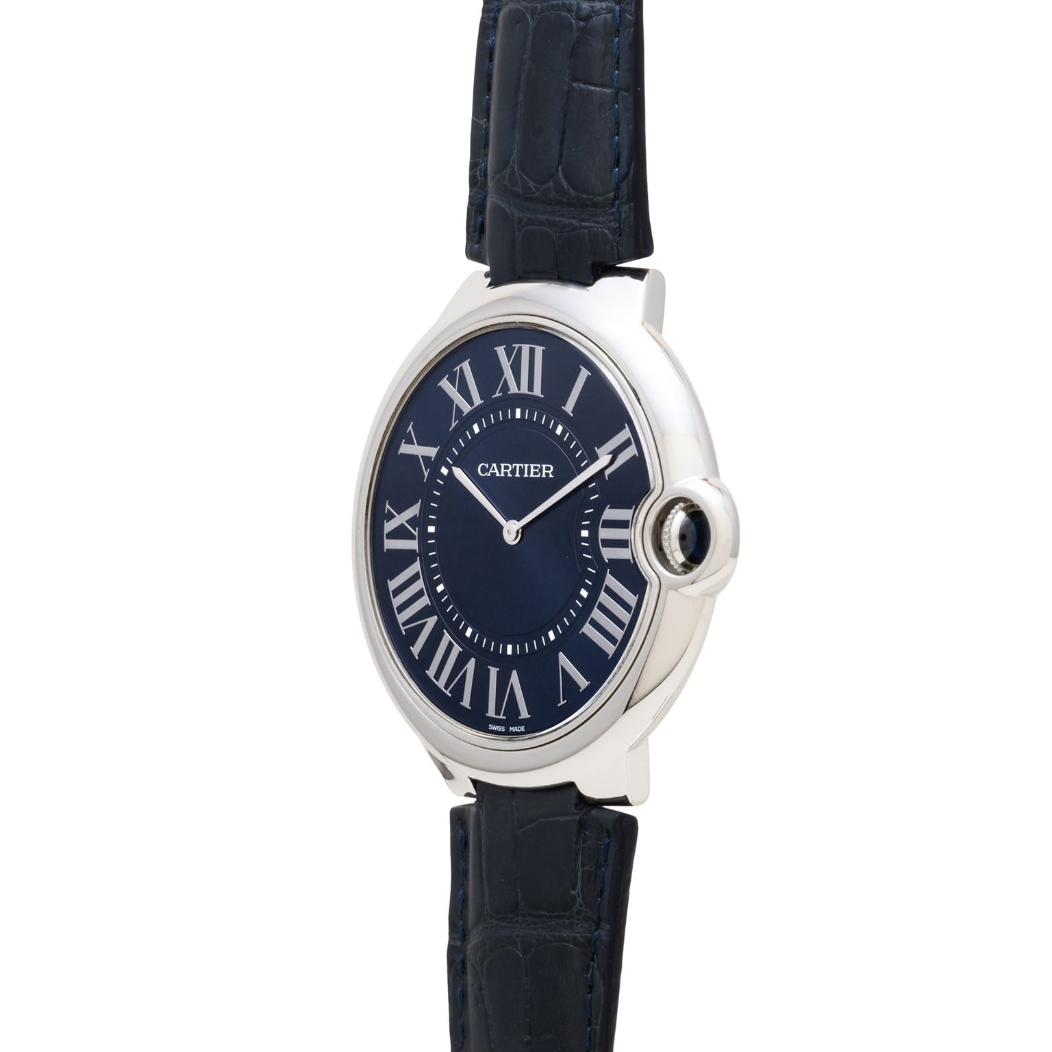 The Cartier Ballon Bleu features a blue face with Roman numerals and a dark blue leather strap.