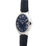 The Cartier Ballon Bleu features a blue face with Roman numerals and a dark blue leather strap.