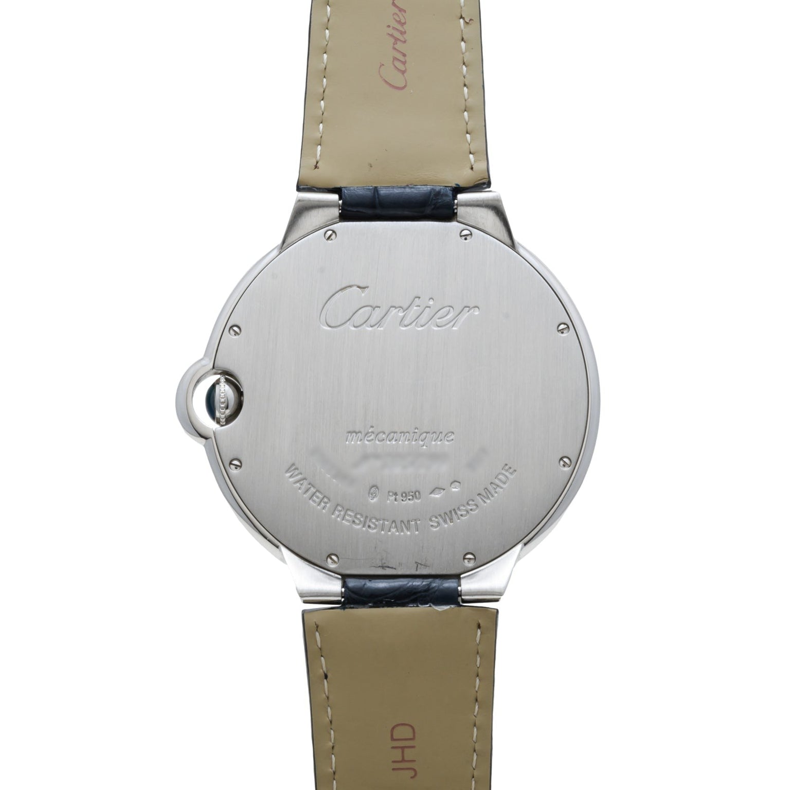Back of a Cartier Ballon Bleu wristwatch with leather strap, engraved with text and serial numbers.
