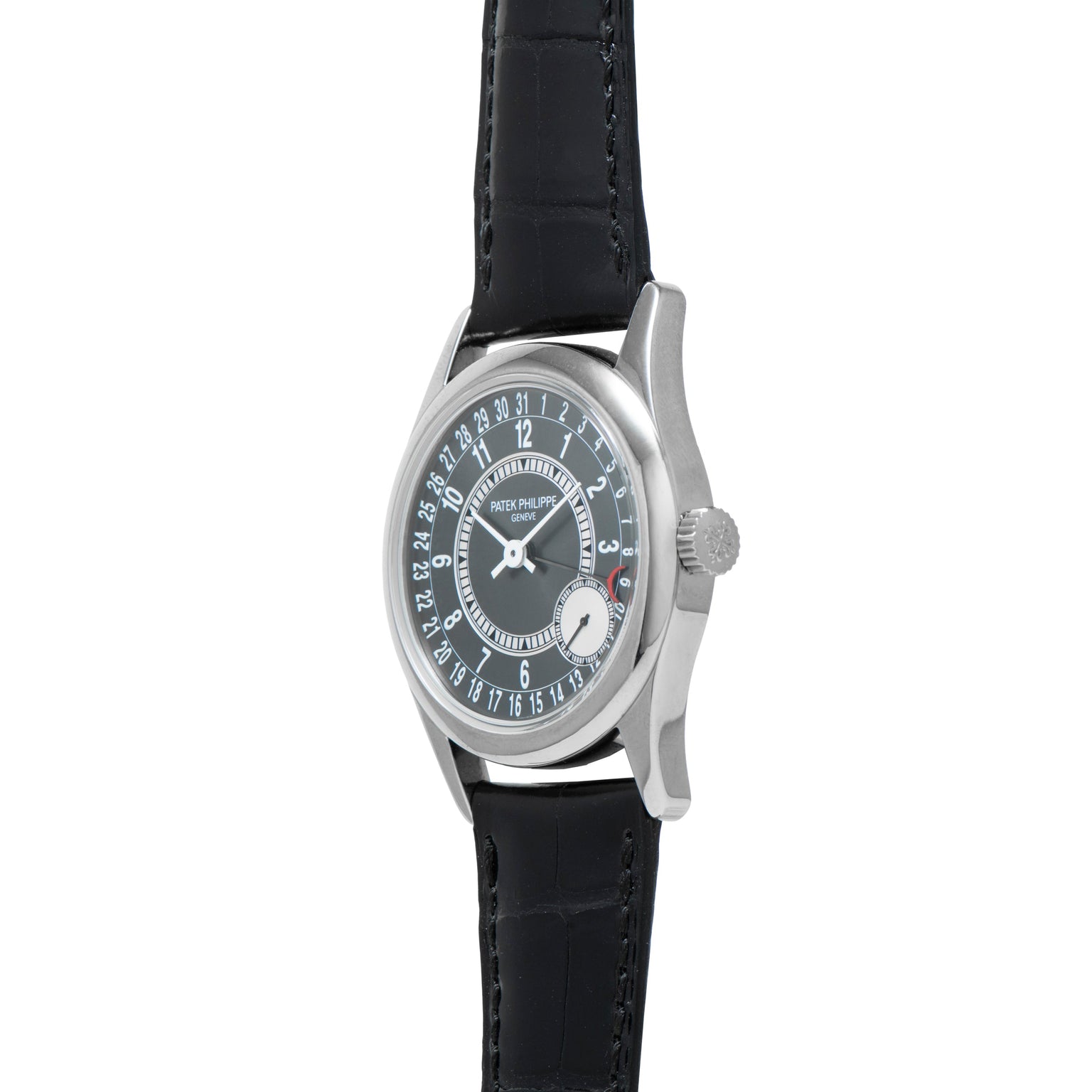 The Patek Philippe Calatrava is a silver wristwatch featuring a black leather strap and a circular date display.