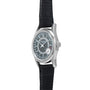 The Patek Philippe Calatrava is a silver wristwatch featuring a black leather strap and a circular date display.