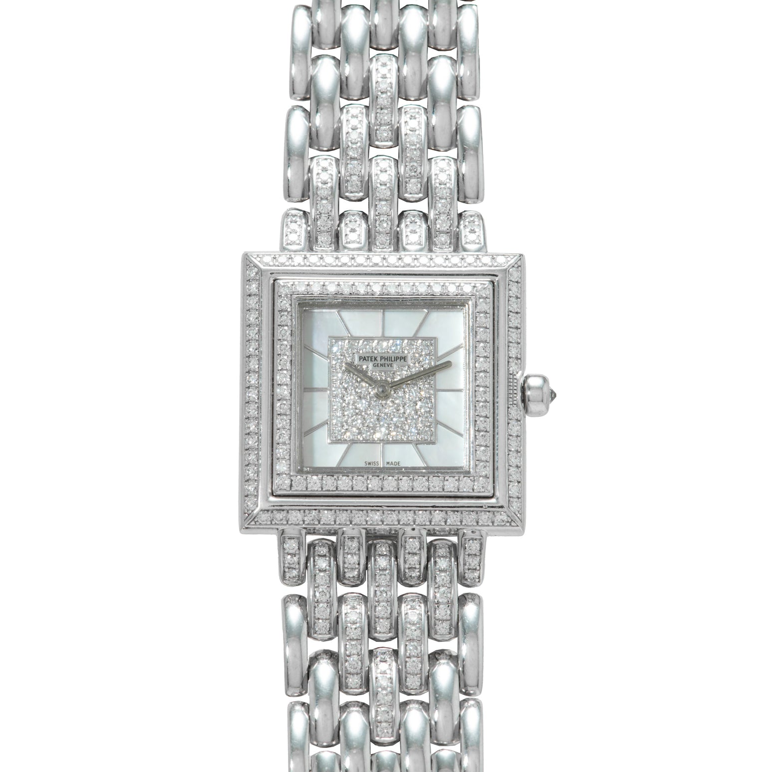 The Patek Philippe Gondolo is a luxury silver wristwatch featuring a square diamond-encrusted face and a linked bracelet band.
