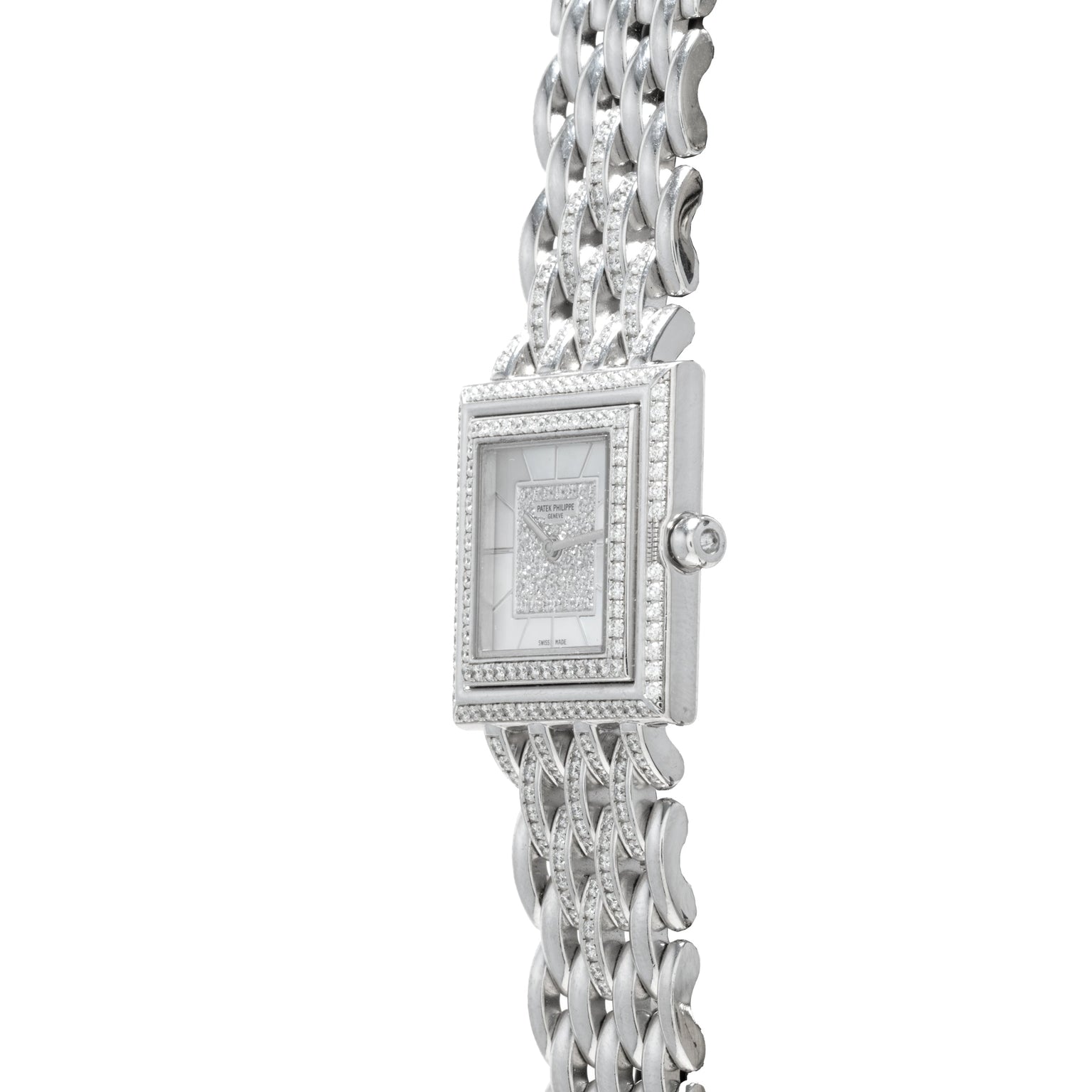 The Patek Philippe Gondolo features a rectangular face with diamond accents on the bezel and band, offering an elegant silver wristwatch design.