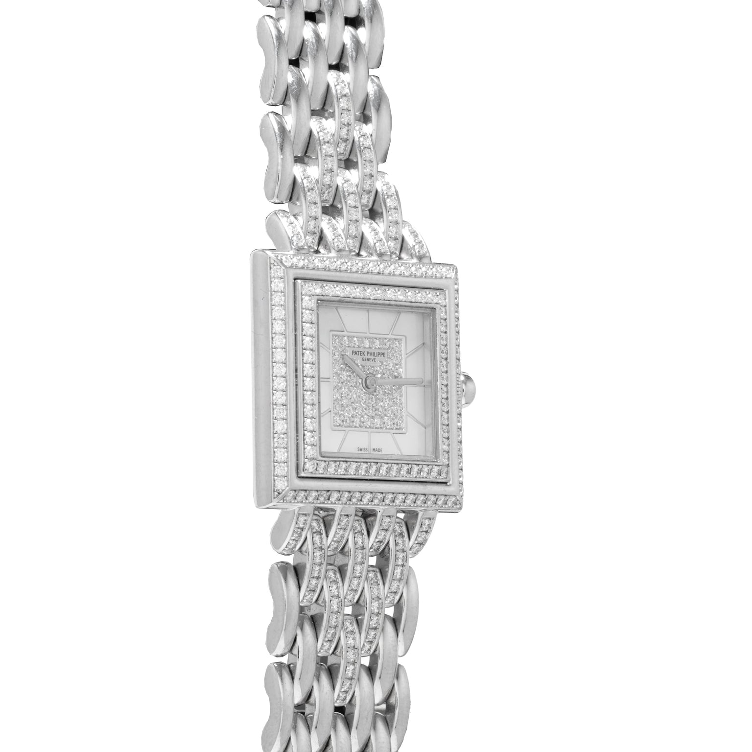 Patek Philippe Gondolo wristwatch with a silver square face, diamond-encrusted bezel, and metal link band, displayed on a white background.