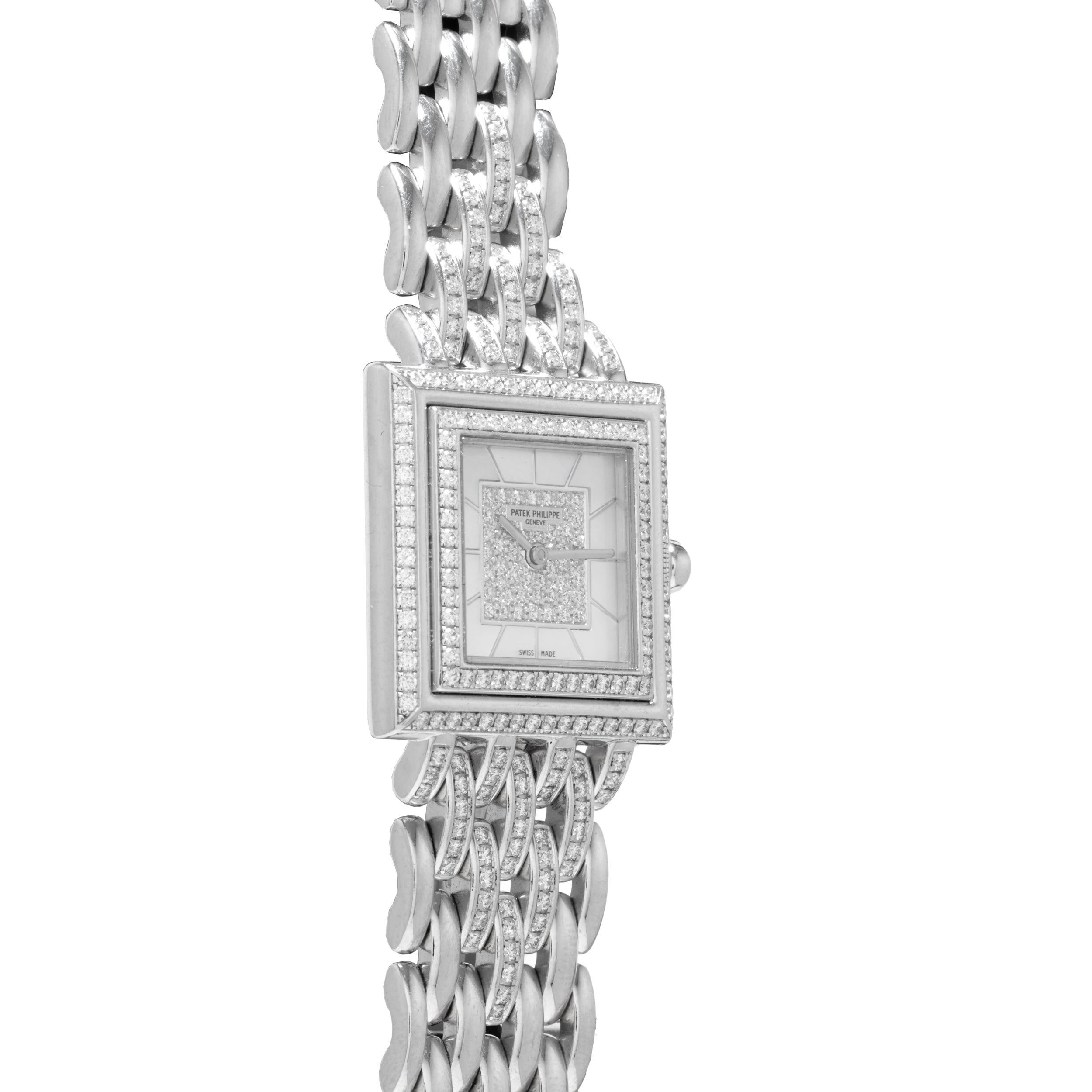 Patek Philippe Gondolo wristwatch with a silver square face, diamond-encrusted bezel, and metal link band, displayed on a white background.
