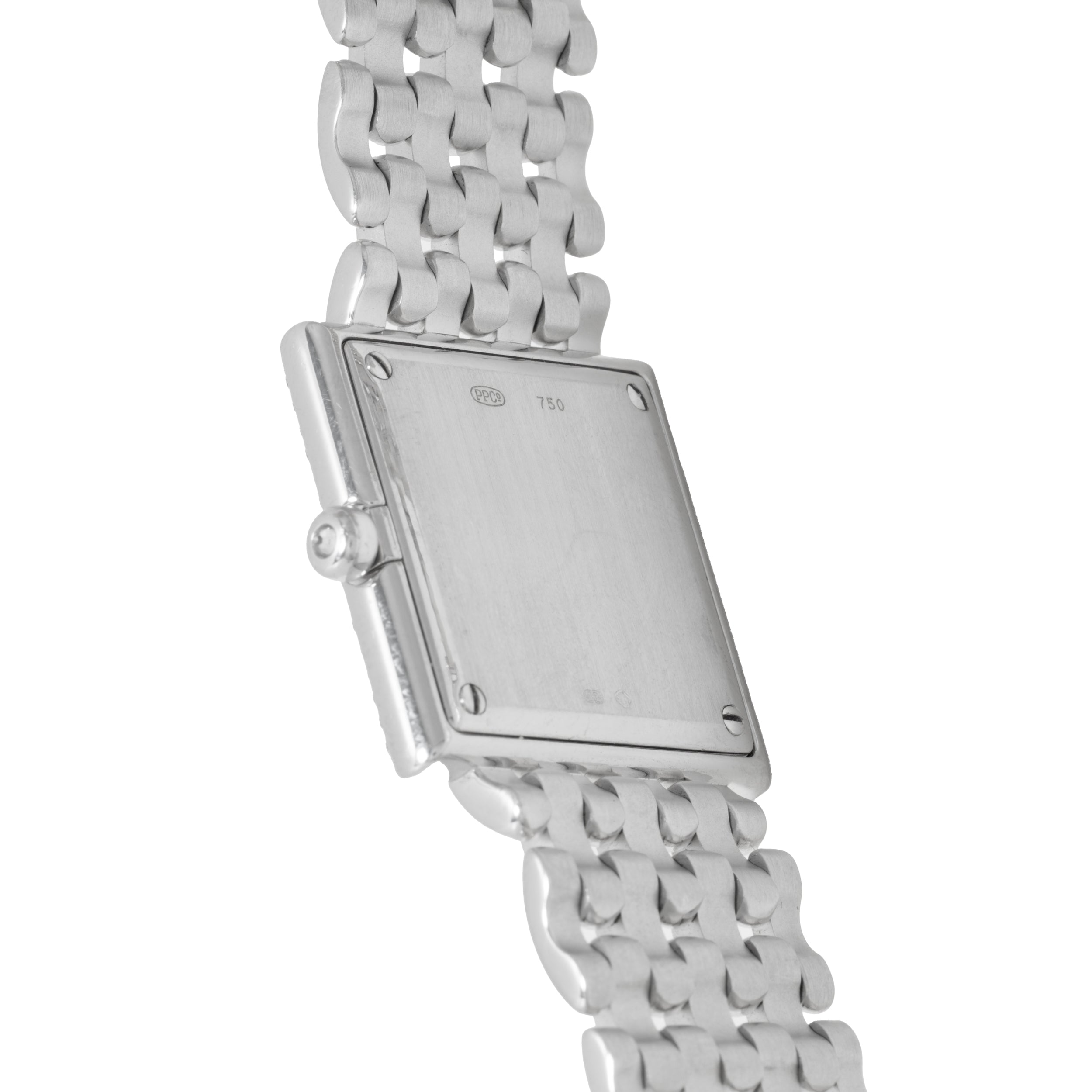 The Patek Philippe Gondolo features a silver square case and linked metal bracelet, shown from the back with visible winding crown.