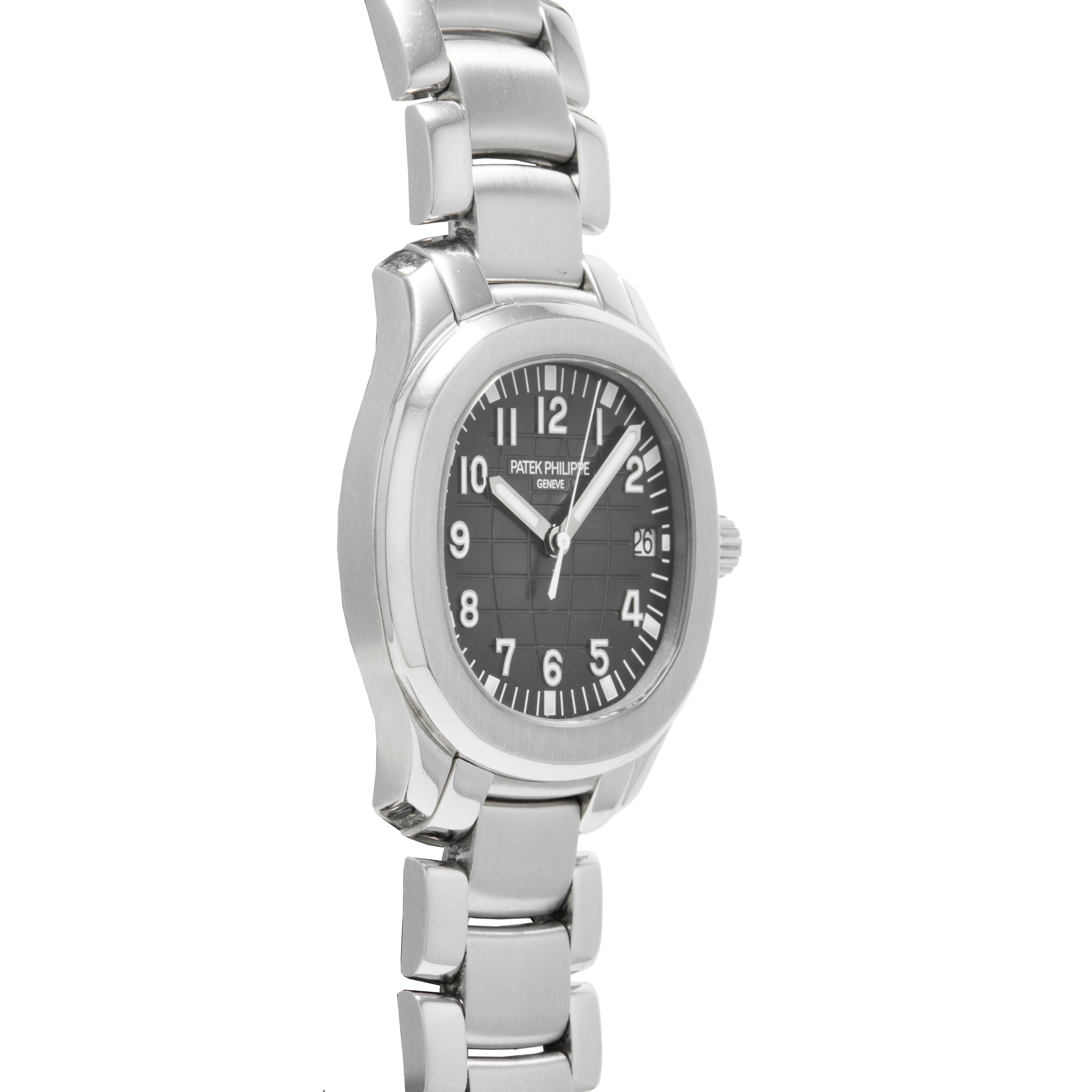 The Patek Philippe Aquanaut is a stainless steel wristwatch featuring a black dial with silver hour markers and a metal link band.