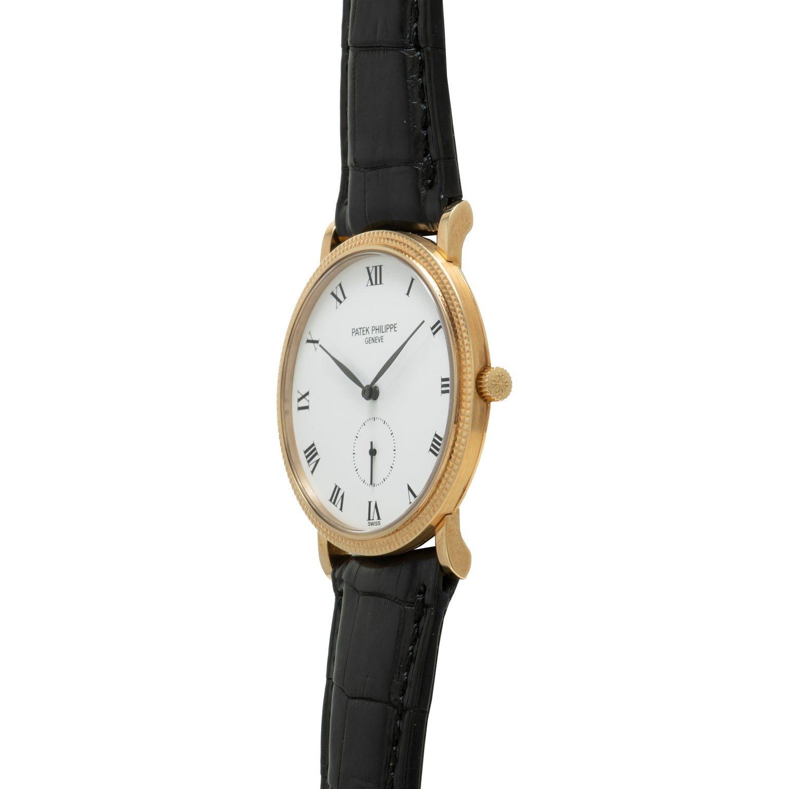 Patek Philippe Calatrava gold wristwatch featuring a white face, Roman numerals, and a black leather strap.