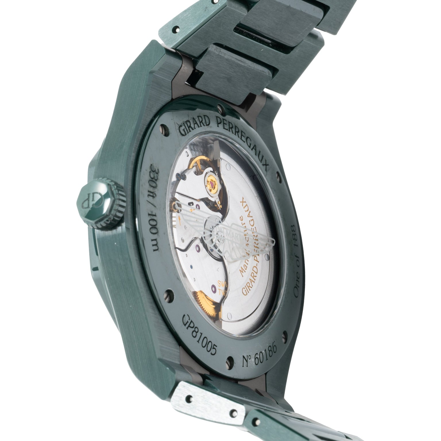 Close-up of the back of the Girard-Perregaux Laureato Green Ceramic Aston Martin Edition, revealing its exposed mechanical movement and engraved details.