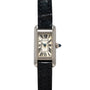 Cartier Tank Ladies Allongee watch featuring a rectangular dial with Roman numerals and a black leather strap, displayed on a white background.