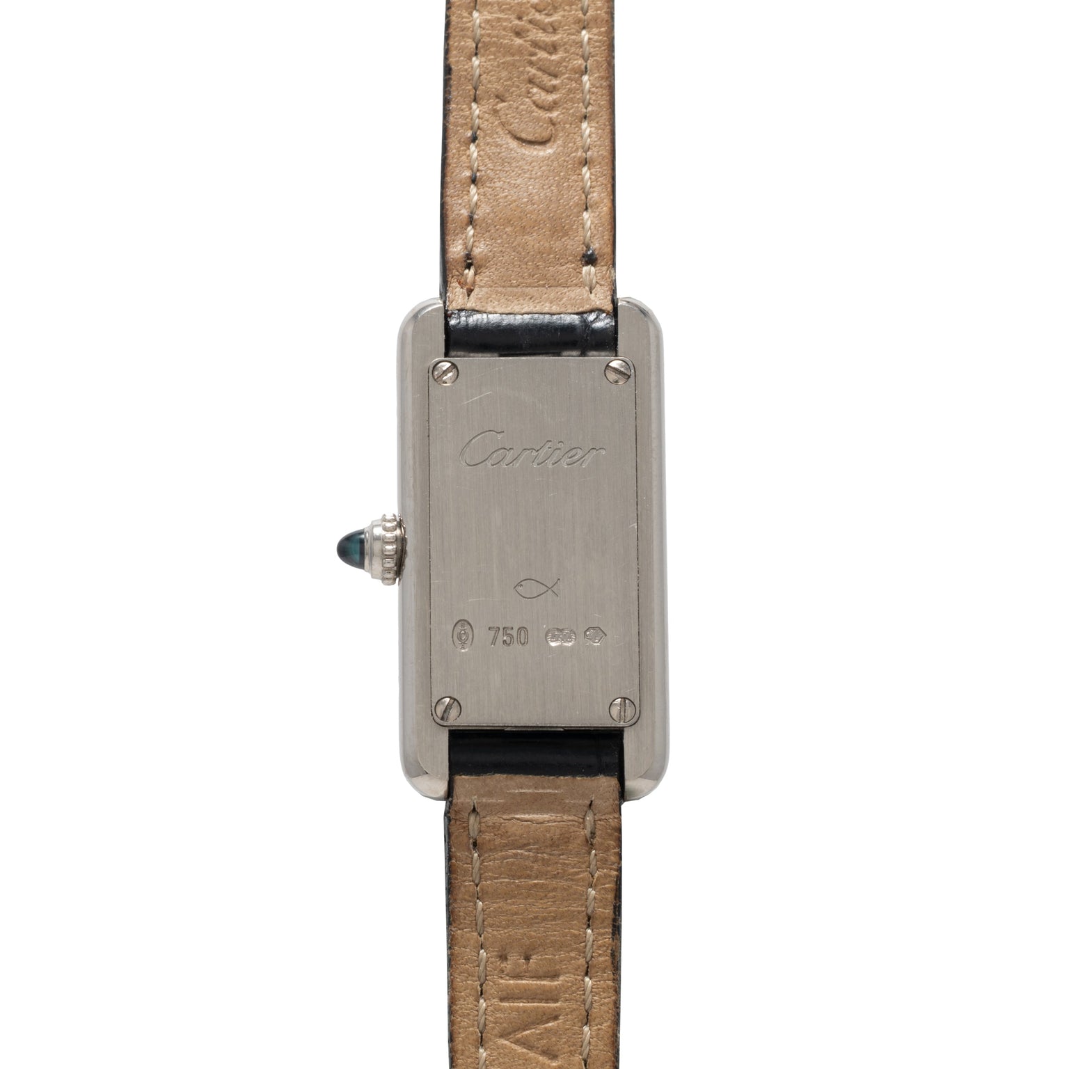 The Cartier Tank Ladies Allongee features a tan leather strap and engraved details on its silver rectangular case.