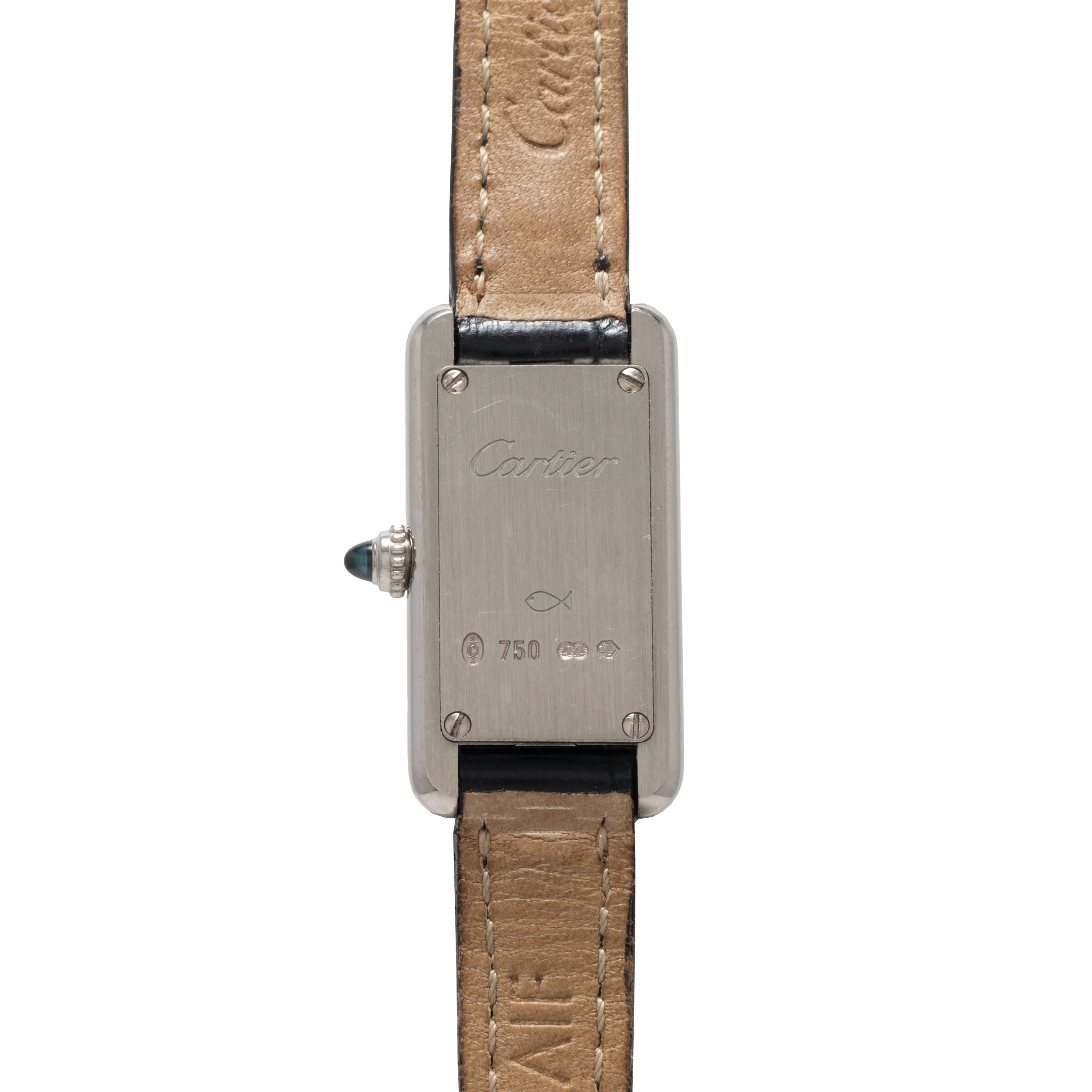 The Cartier Tank Ladies Allongee features a tan leather strap and engraved details on its silver rectangular case.