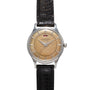 The Jaeger-LeCoultre 'European Market' Powermatic is a vintage wristwatch featuring a light brown speckled dial, silver markers and hands, and a textured black leather strap—a classic midcentury dress watch.