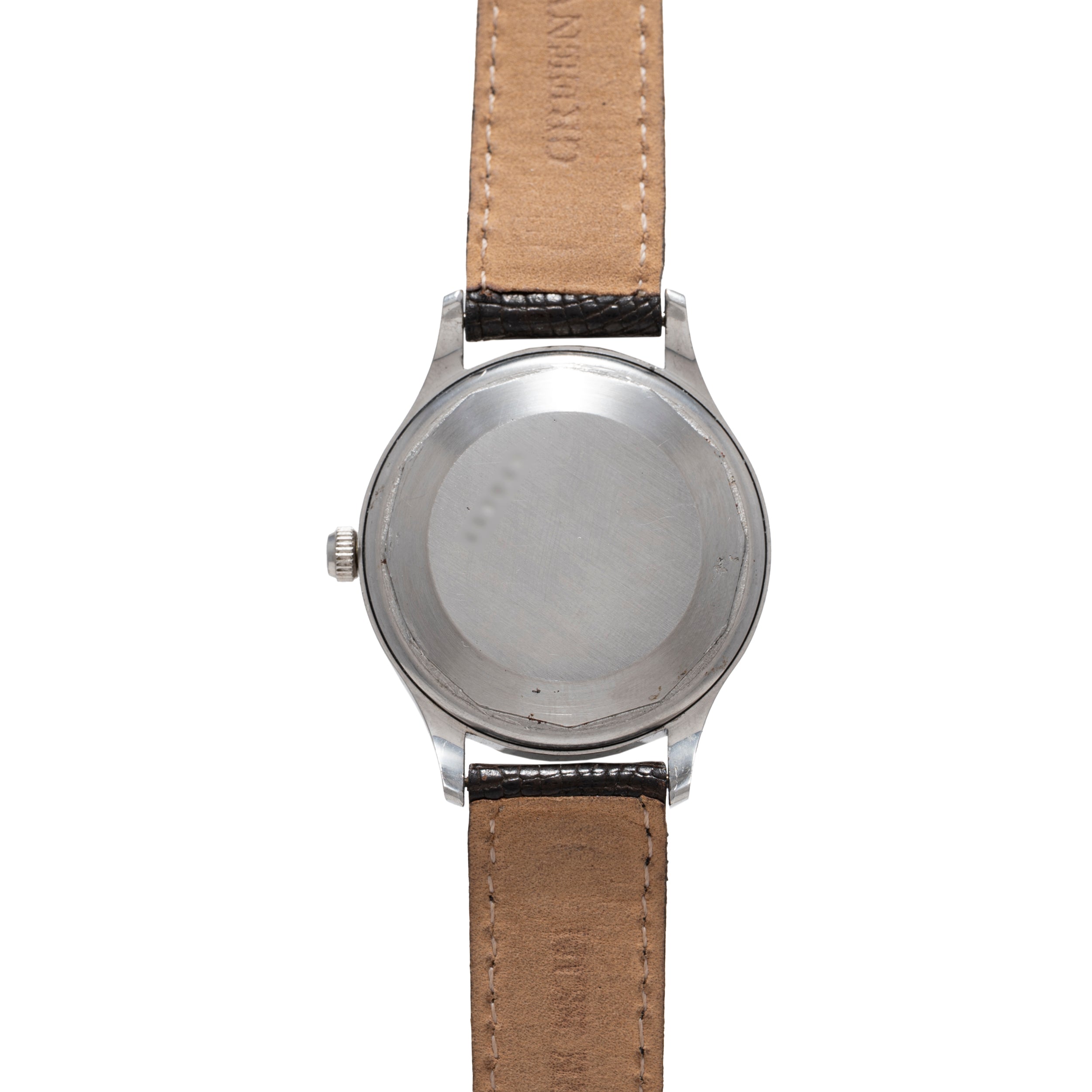 A Jaeger-LeCoultre 'European Market' Powermatic wristwatch with a round, blank silver back case and brown leather straps, shown from the back. The vintage-inspired design features no visible branding or markings on the case.