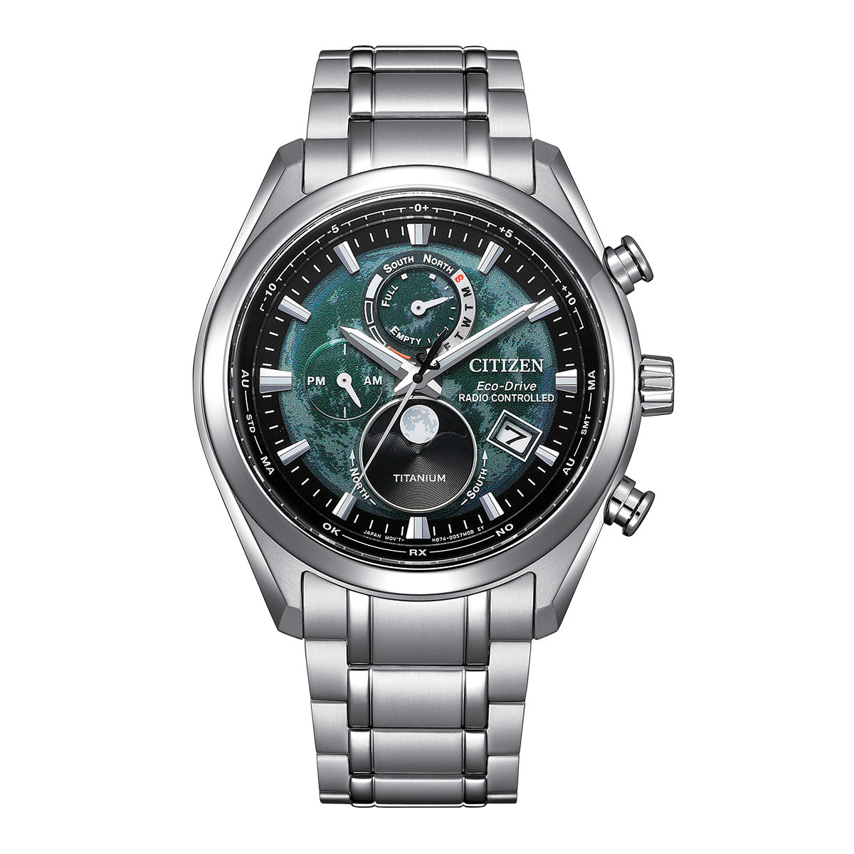 Silver Citizen watch with a detailed face on a white background