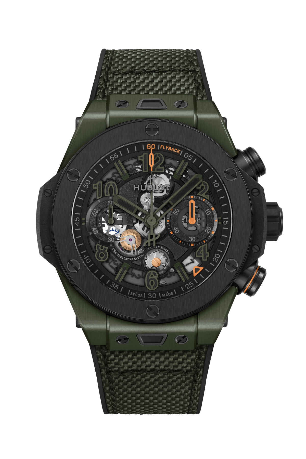 Dark green ceramic chronograph watch with black dial, skeleton movement, orange accents, and matching fabric strap.