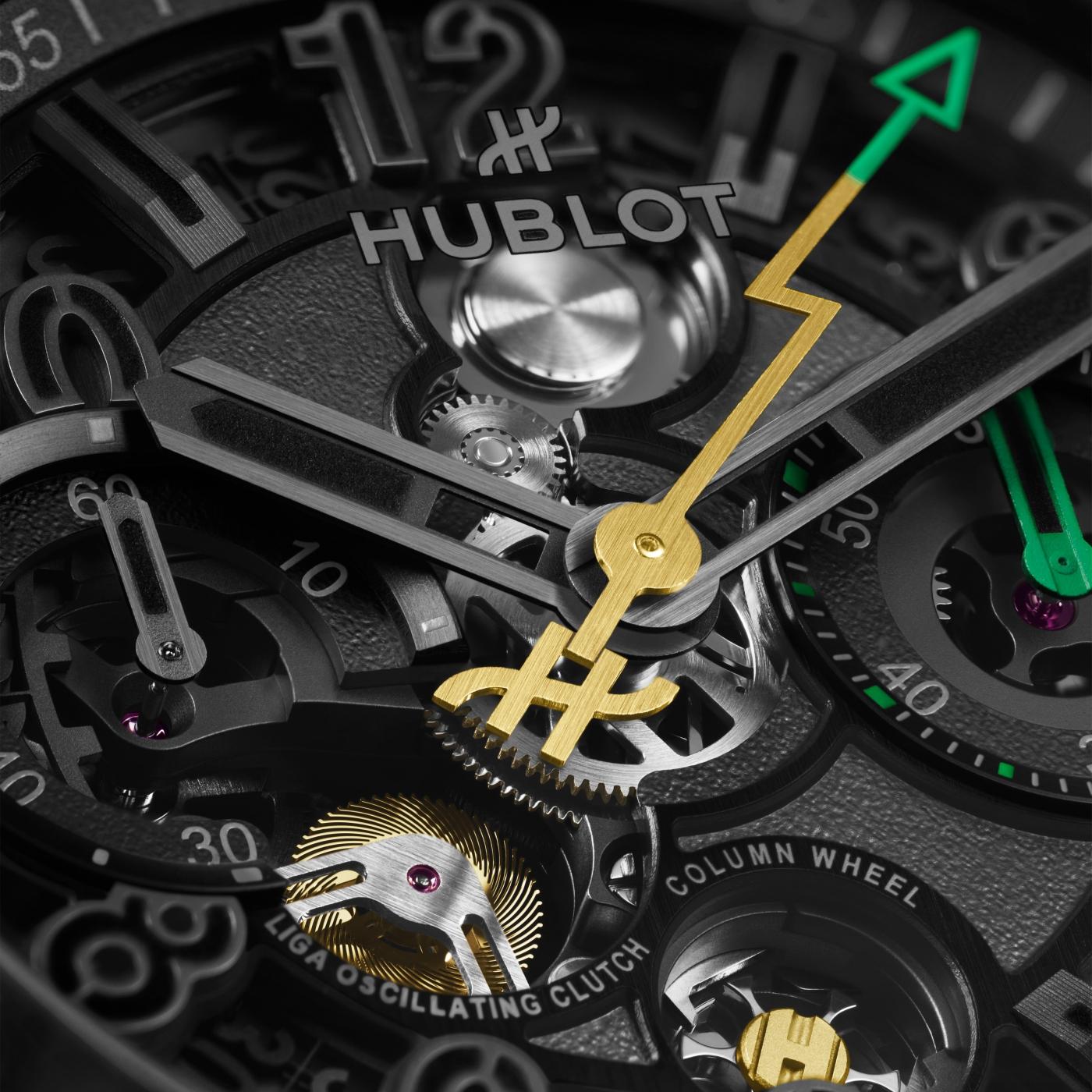 Hublot luxury watch with black ceramic case, gold and green hands, exposed mechanical movement, and visible gears and numeral