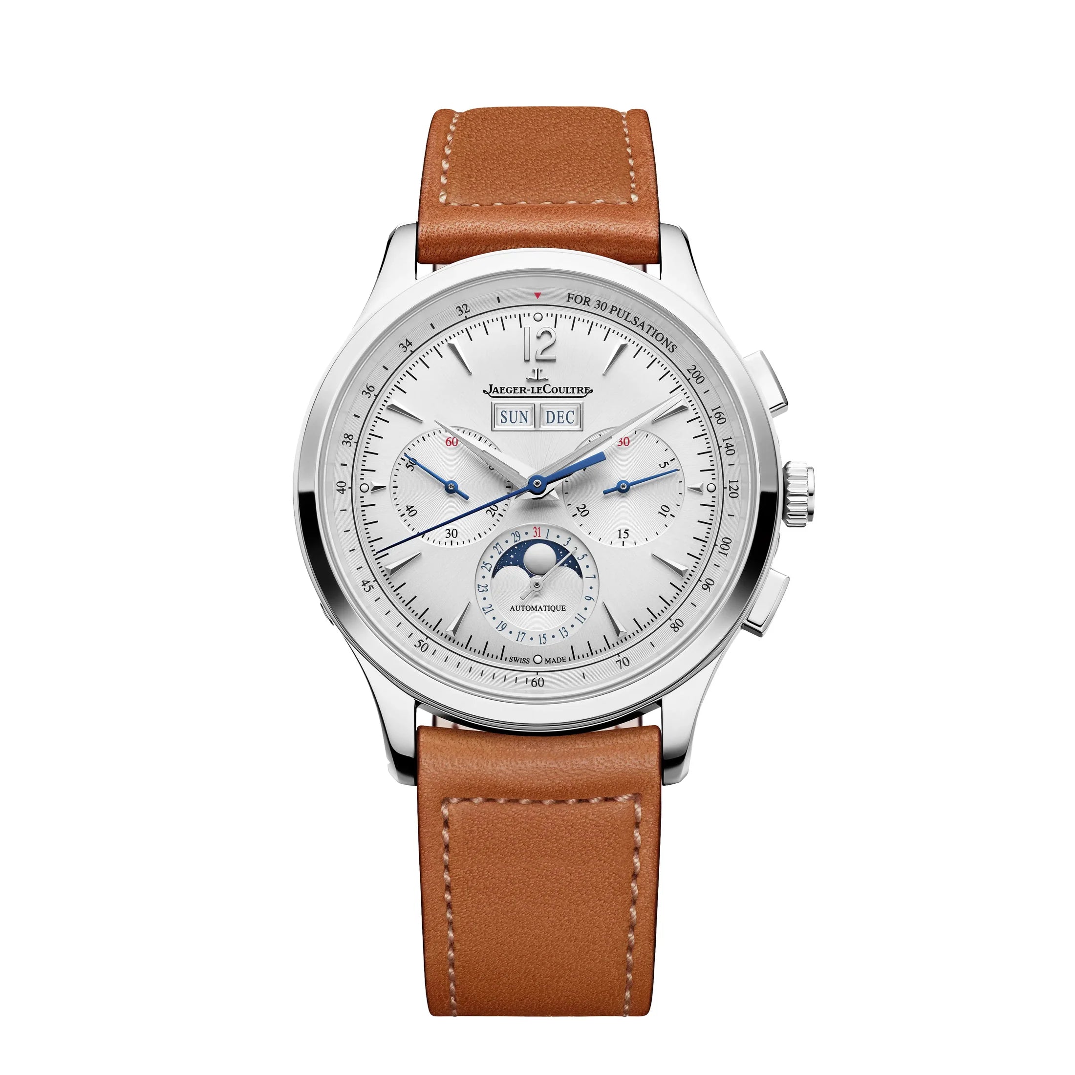 The Jaeger-LeCoultre Master Control Chronograph Calendar features a silver case, white dial, blue hands, brown leather strap, triple calendar display, moon phase at 6 o'clock, chronograph subdials, and is powered by Calibre 759.