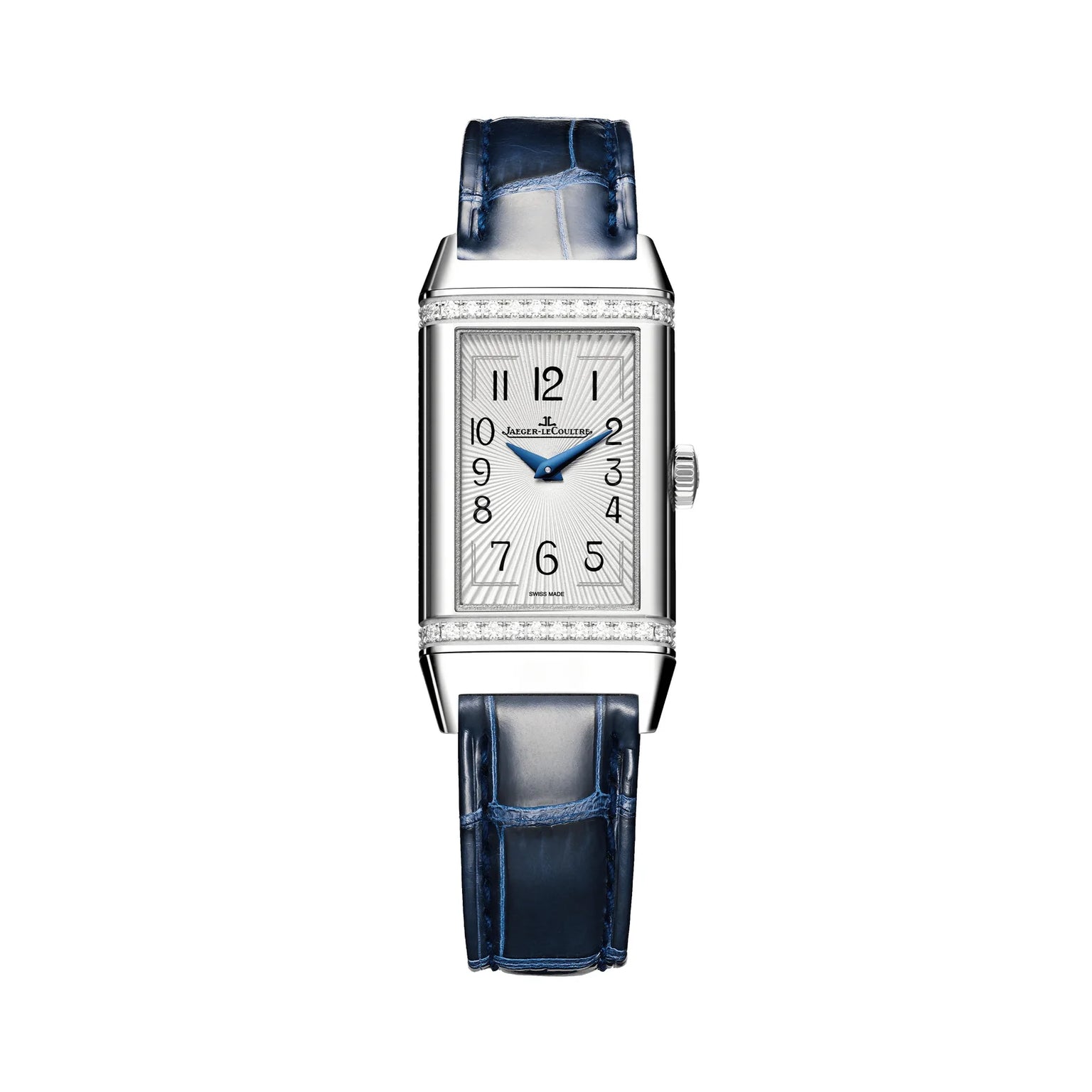The Jaeger-LeCoultre Reverso One Monoface is a rectangular stainless steel watch with a silver dial, black Arabic numerals, diamond-set bezel, blue leather strap, and a single right-side crown.