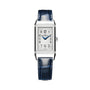 The Jaeger-LeCoultre Reverso One Monoface is a rectangular stainless steel watch with a silver dial, black Arabic numerals, diamond-set bezel, blue leather strap, and a single right-side crown.