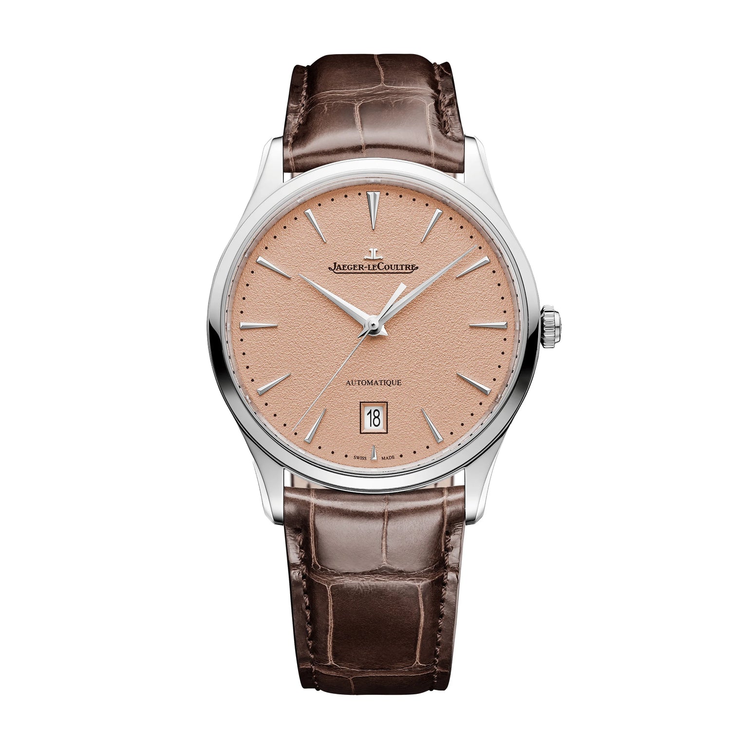 The Jaeger-LeCoultre Master Ultra Thin Date features a light brown textured dial, silver markers and hands, date window at 6 o’clock, brown alligator leather strap, and a steel case for timeless elegance.