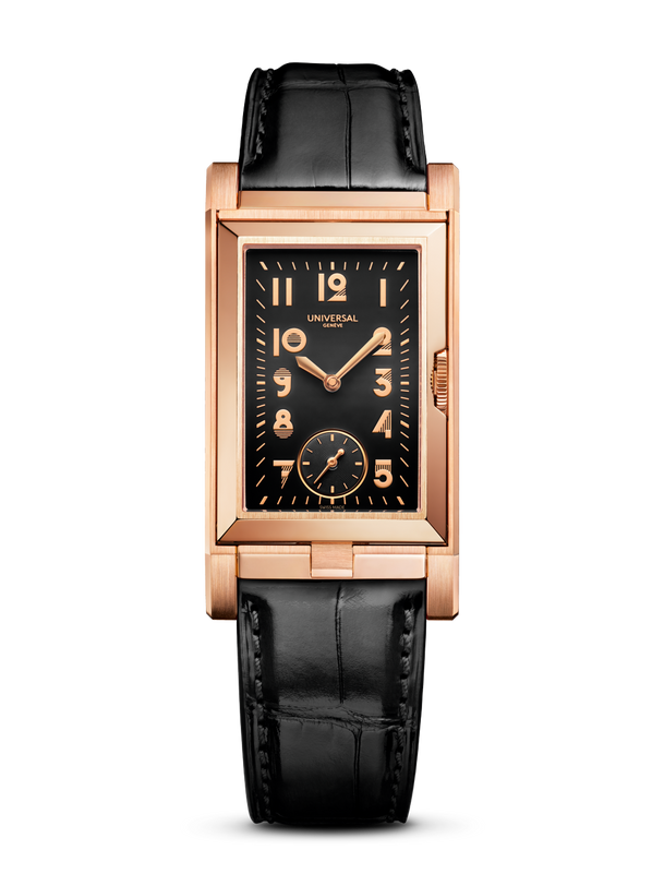 Rose gold rectangular watch with black dial, Arabic numerals, subsidiary seconds dial, and black leather strap.