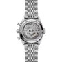 Stainless steel chronograph watch with linked bracelet, visible chronograph subdials and mechanical movement on display caseb