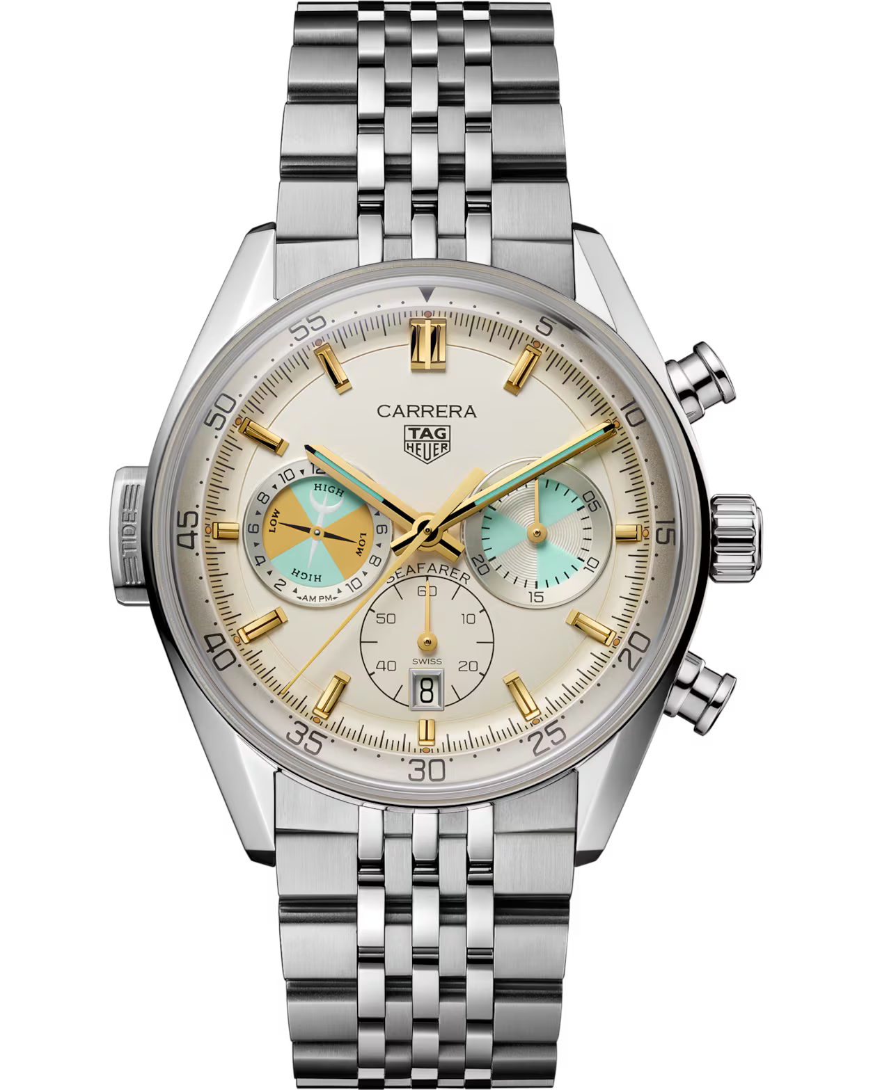 Silver stainless steel chronograph watch with cream dial, gold-tone indices, and multicolored subdials on metal bracelet.