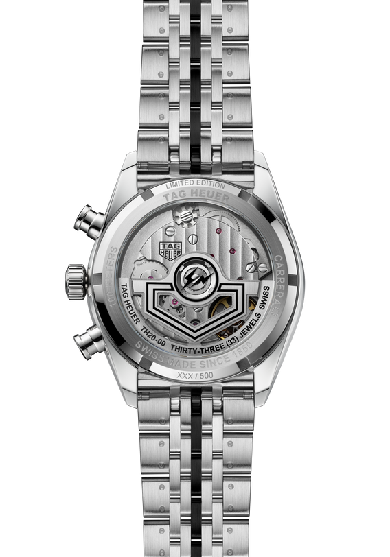 Close-up of the TAG Heuer Carrera Chronograph x Fragment Limited Edition's back, displaying its intricate movement through a transparent caseback, unique engravings, and a silver metal bracelet.