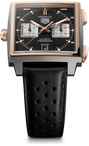 TAG Heuer Monaco automatic chronograph watch with two-tone steel and rose gold case, black dial, white subdials, and black pe
