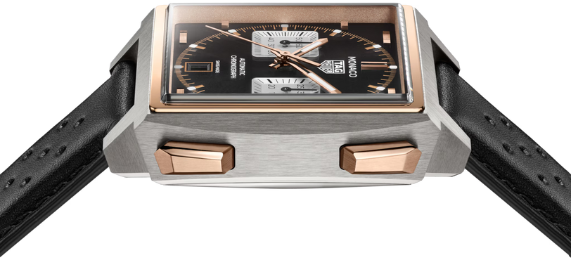 Square chronograph watch with black dial, rose gold accents, stainless steel case, and black leather strap.
