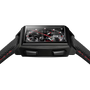 Black rectangular sports watch with red hands, black dial, red stitching on black rubber strap, displayed front-facing.