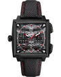 Black square chronograph watch with exposed mechanism, red hands, and black woven strap with red stitching.