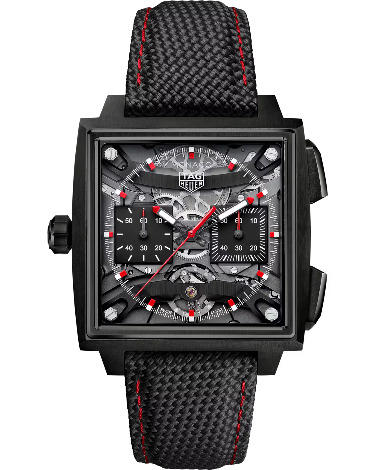Black square chronograph watch with exposed mechanism, red hands, and black woven strap with red stitching.