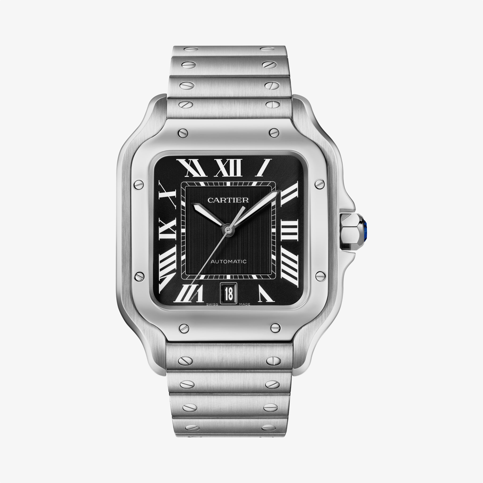The Cartier Santos De Cartier Large Model features a stainless steel case, square black dial with Roman numerals, silver hands, a 6 o'clock date window, automatic movement, and a brushed metal bracelet with visible screws.