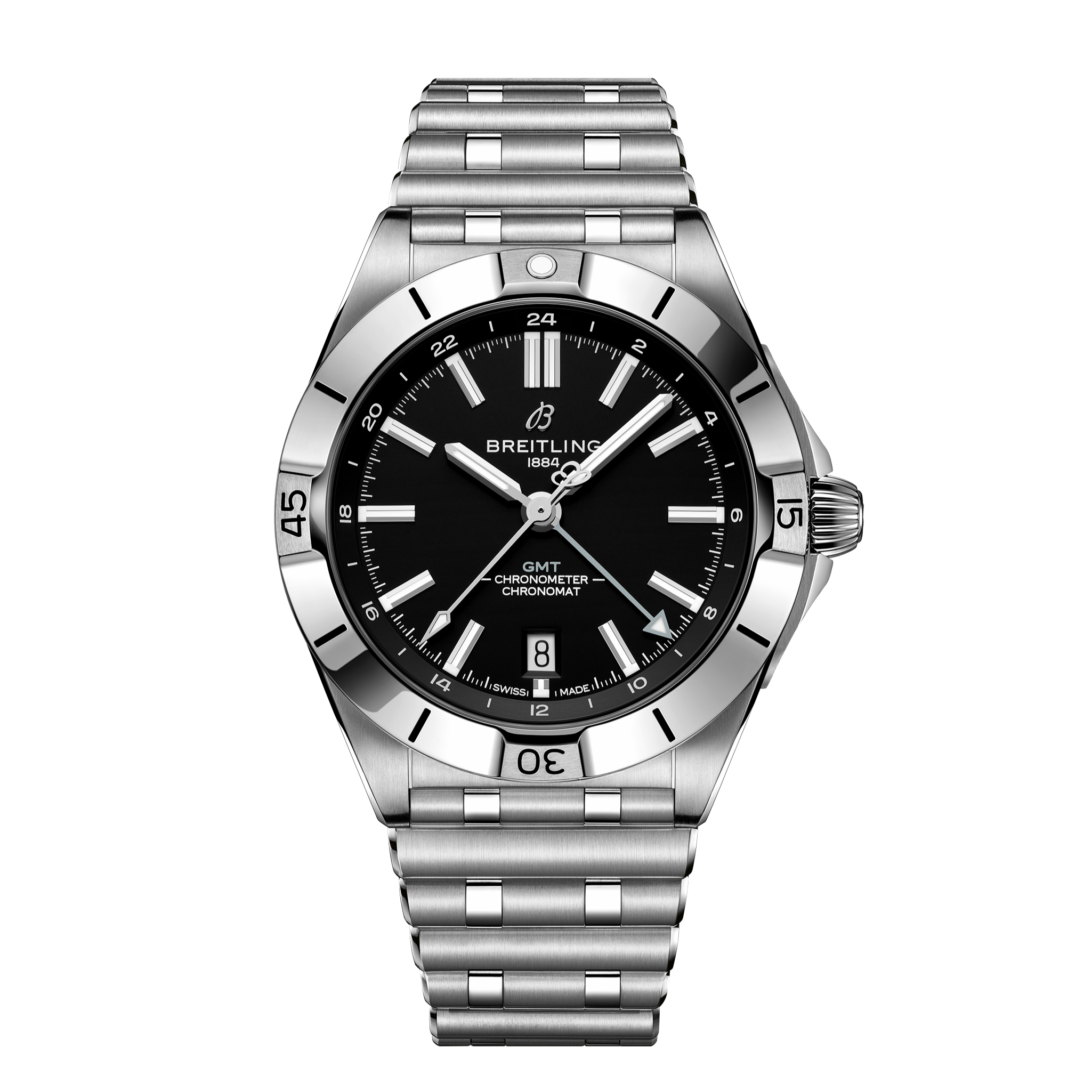 A Breitling Chronomat GMT 40 Las Vegas Raiders Edition wristwatch in stainless steel with a black dial, silver markers and hands, date at 6 o’clock, and metal link bracelet, shown on a plain white background.