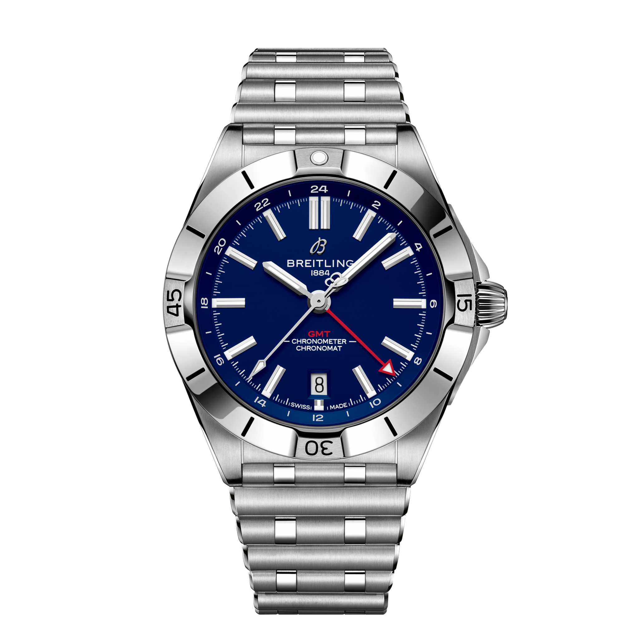 The Breitling Chronomat GMT 40 New York Giants Edition features a blue dial, silver markers, red GMT hand, and metal link bracelet—ideal for New York Giants or NFL fans. Displayed on a plain white background.