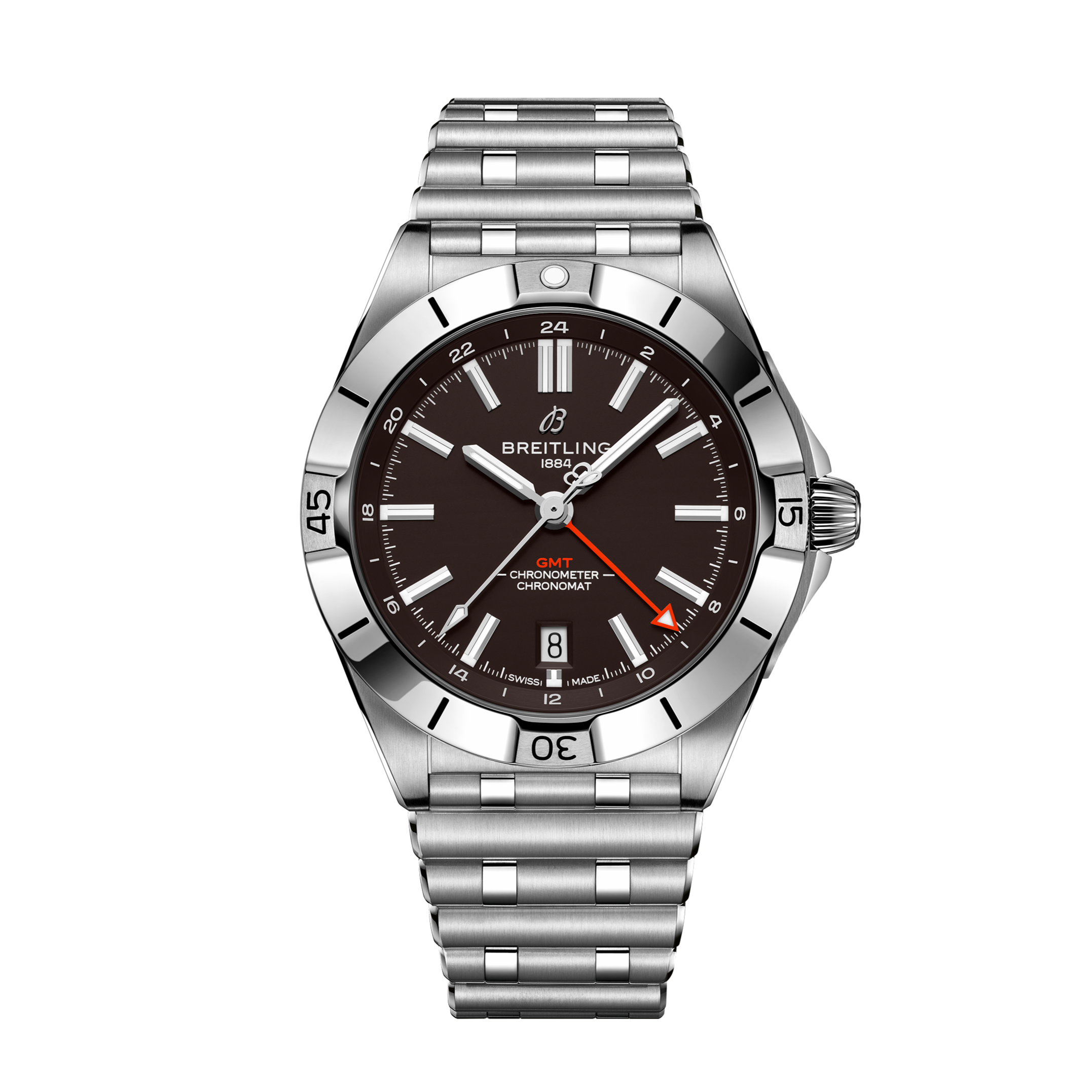 The Breitling Chronomat GMT 40 Cleveland Browns features a brown dial, silver markers, date at 6 o’clock, red GMT hand, polished steel bracelet, and a silver bezel with black numerals for a refined look.