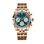 Breitling Classic Avi Chronograph 42 NFL Philadelphia Eagles Edition with a green dial, three subdials, and a metal link bracelet, shown on a black background.