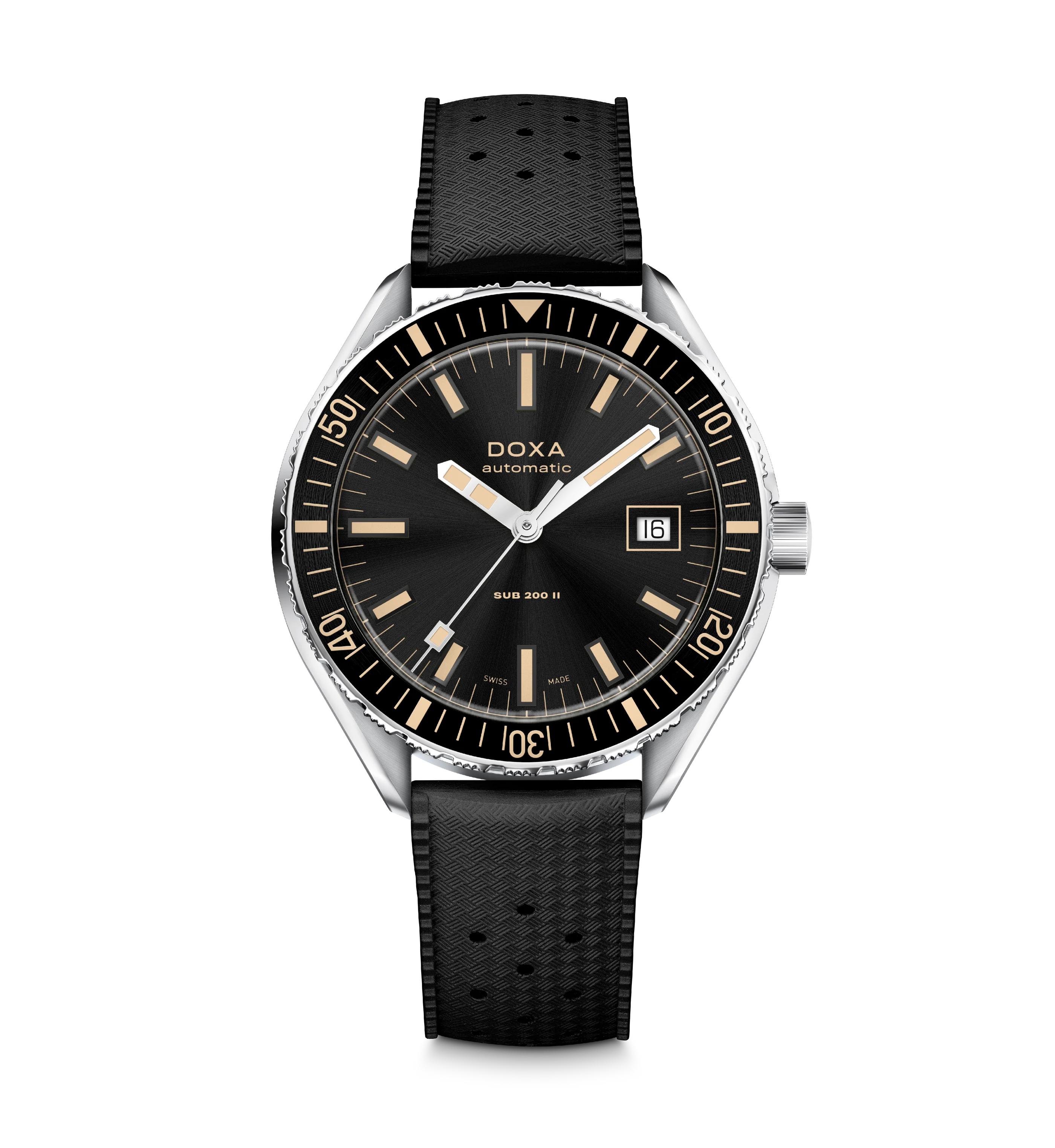 Black wristwatch with a detailed face on a white background