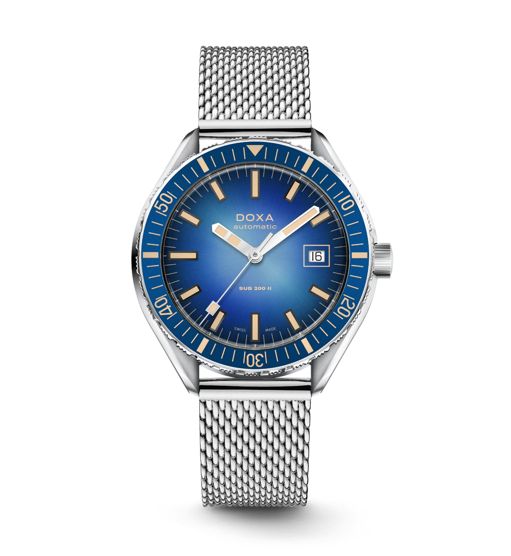 Silver watch with blue dial on a white background