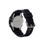 Digital watch with stainless steel case back, black resin band, and silver buckle displayed from rear angle.