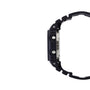 Digital watch with black resin band and stainless steel case, shown from the side view.