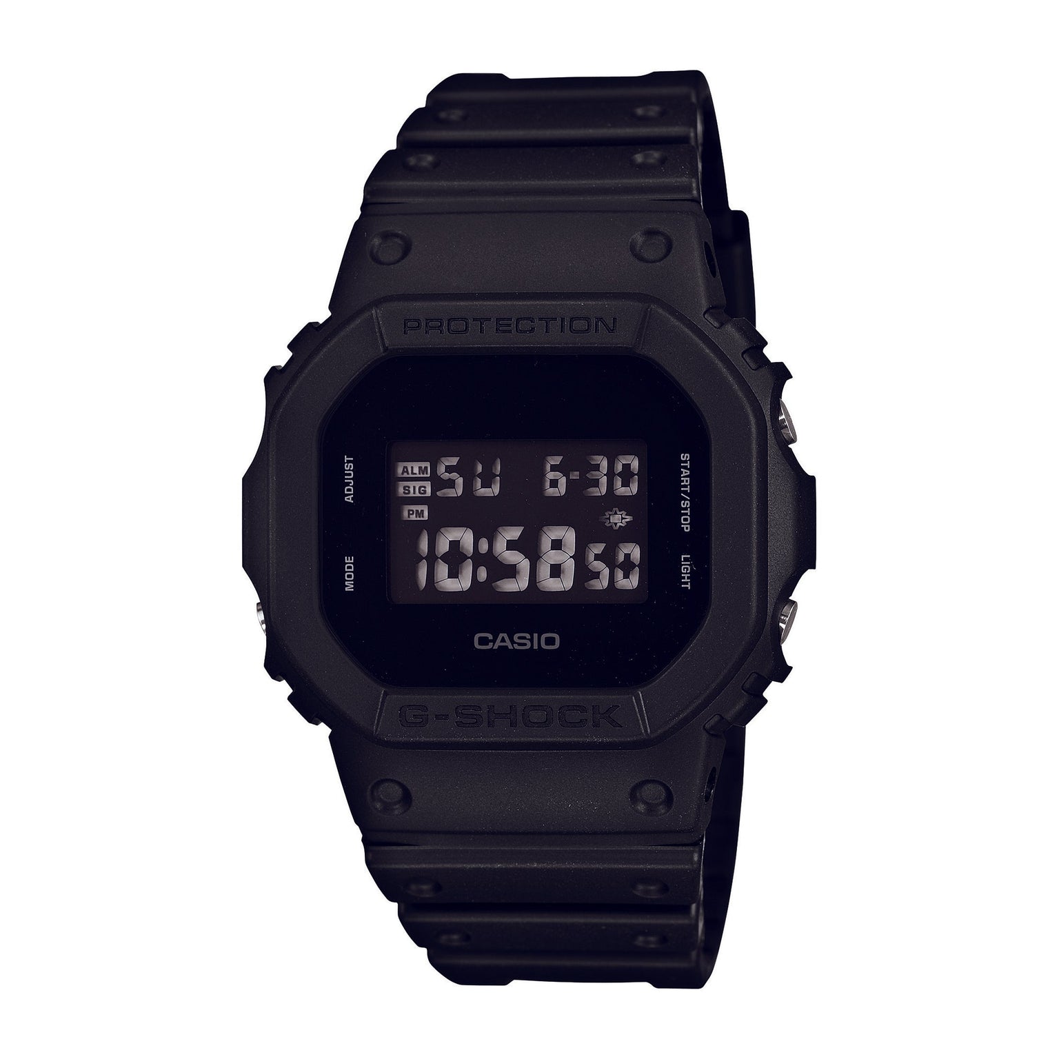 Black Casio G-Shock digital watch with square resin case and band, displaying time and date on LCD screen.